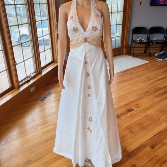 Night Way Collections Dresses Nightway Ivory Gold Beaded Halter Empire Waist Bridal Gown